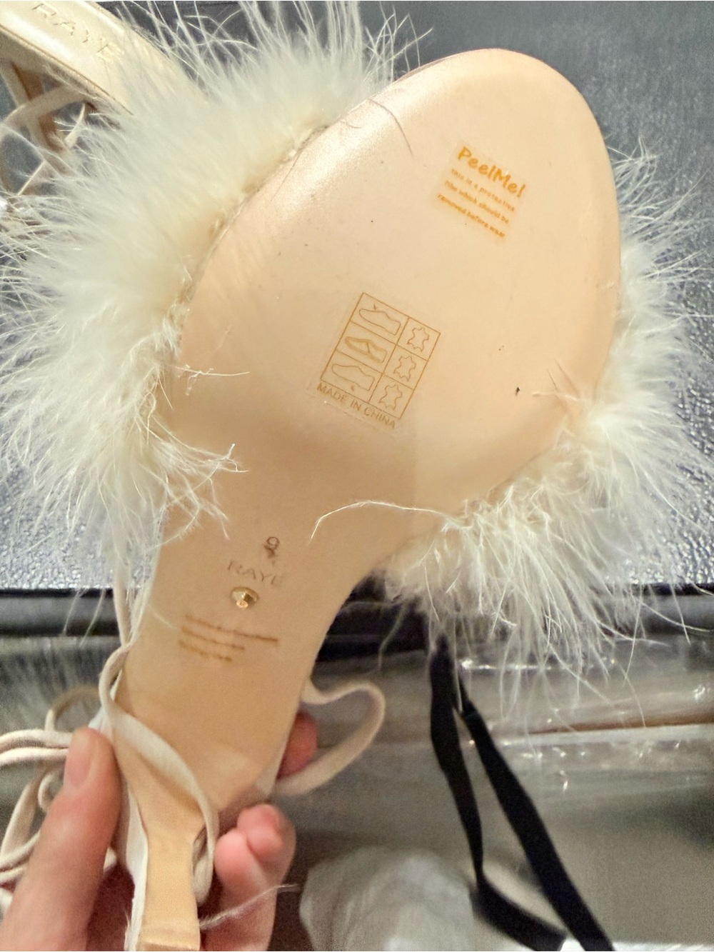 RAYE nude Suede Ankle-Tie Feather Pom High Heel Sandal NWT - Picture 4 of 6